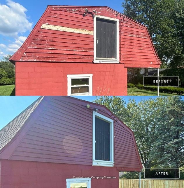 Bohannon Roofing new siding and roofing shingles installed on a barn